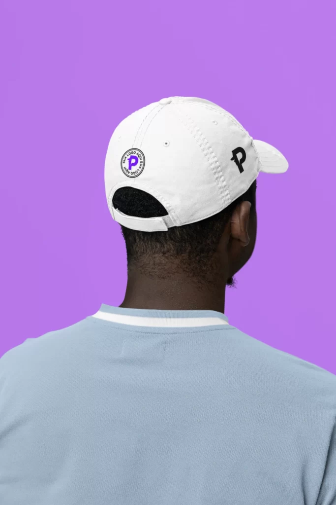 back view dad hat mockup of a man standing in a studio m35465 50 percent