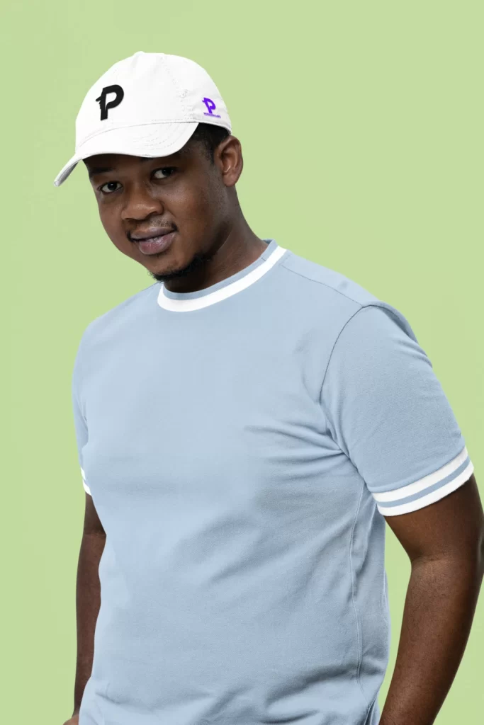 mockup of a man posing in a studio wearing a dad hat from otto cap m35467 50 percent