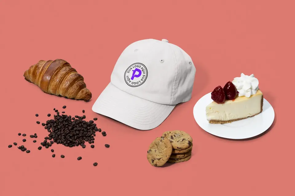 restaurant merch mockup featuring a dad hat surrounded by customizable desserts m27774a 50 percent