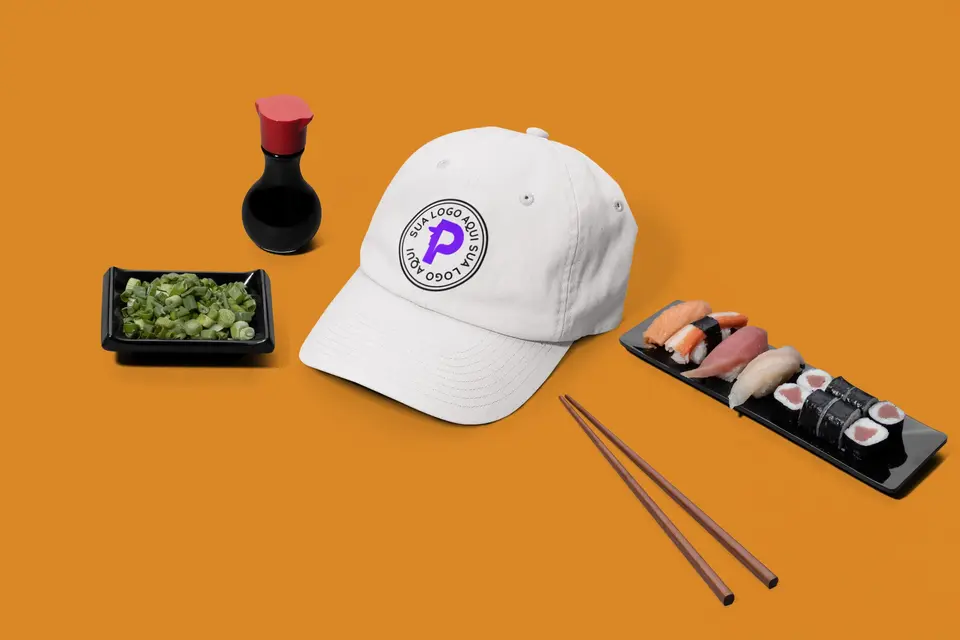 restaurant merch mockup of a dad hat featuring exchangeable japanese food items m27774c 50 percent