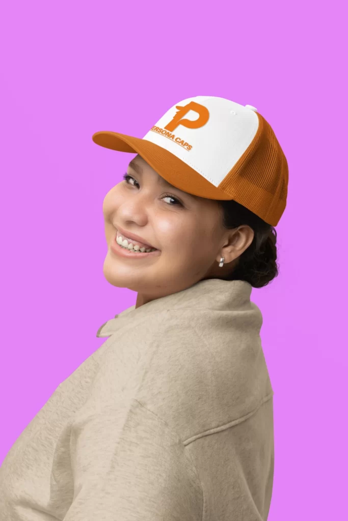 yupoong trucker hat mockup of a cheerful woman posing in a studio m34567 50 percent